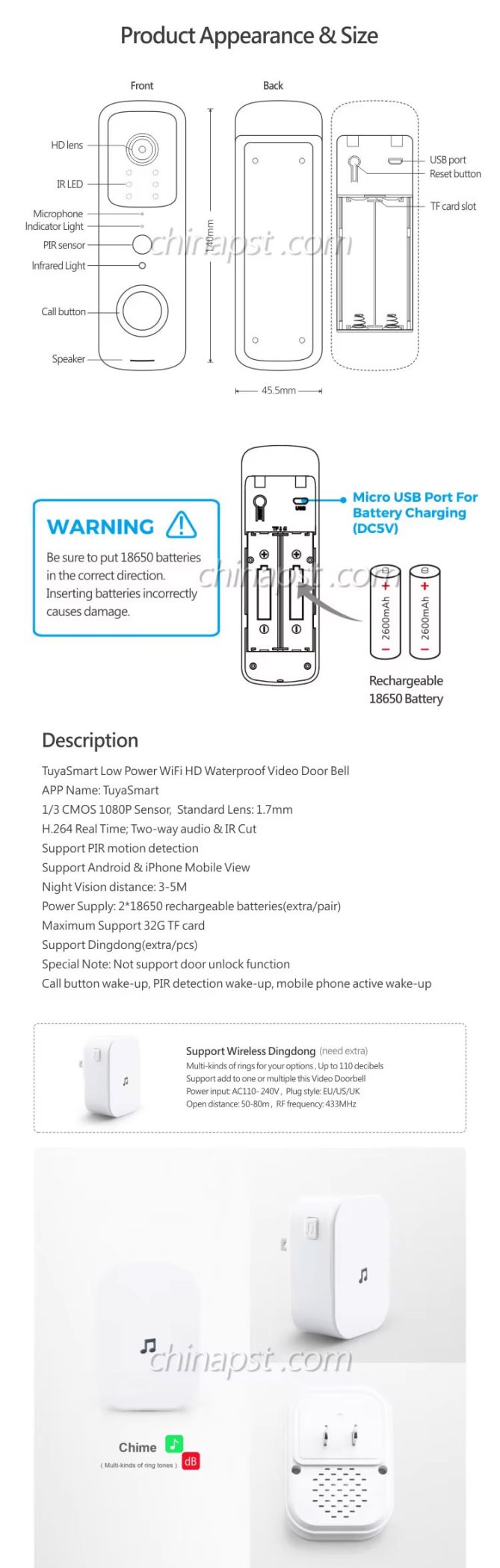 Tuya WiFi HD Smart Video Doorbell with Wireless Indoor Chime  image 3