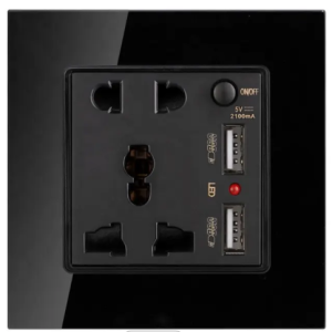5 Pin 13A Universal Socket with Dual USB Ports Tempered Glass Frame (Black Color)