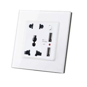 5 Pin 13A Universal Socket with Dual USB Ports Tempered Glass Frame (White Color)