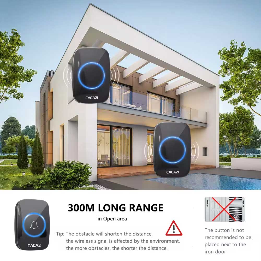 CACAZI Wireless Doorbell 300M Long Range Smart Door Bell Chime