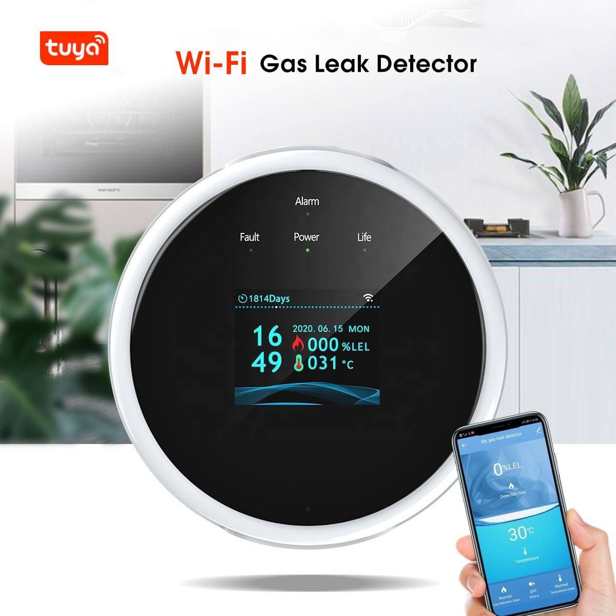 Tuya WiFi Gas Detector with Alarm - Gas Leakage Detector with LCD Display & Heat Alarm