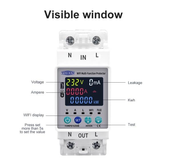 TOMZN 63A Tuya WiFi Smart Circuit Breaker Voltage Protector with Realtime Power Consumption Monitoring (gallery image 3)