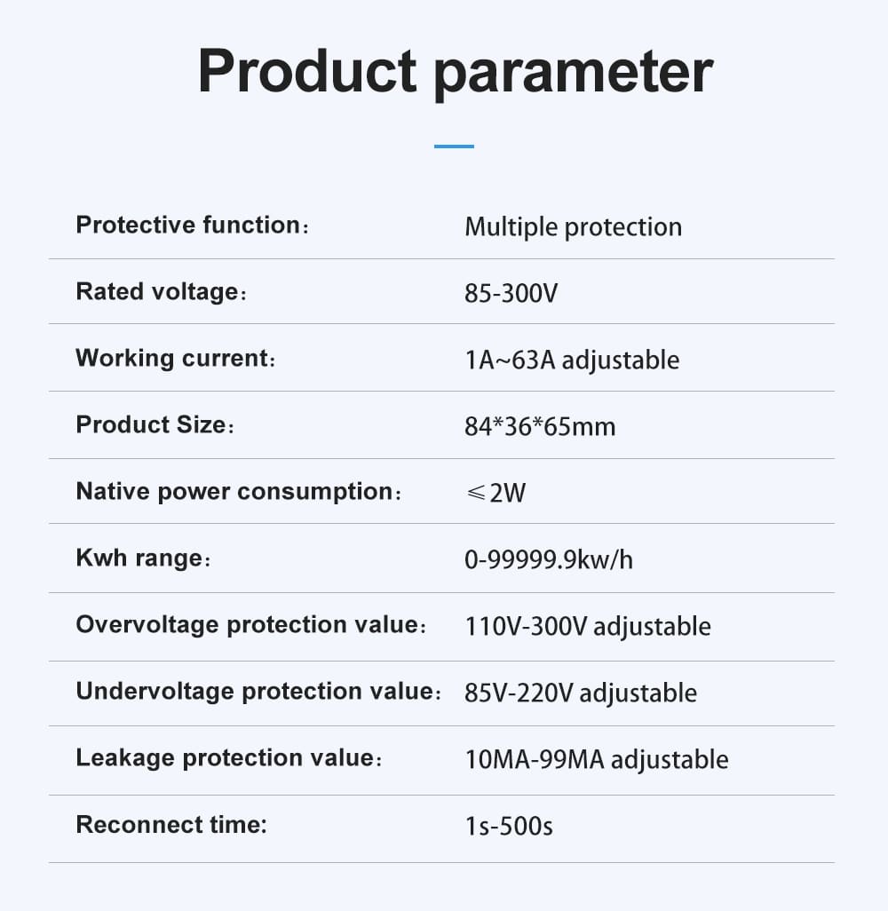 TOMZN 63A Tuya WiFi Smart Circuit Breaker Voltage Protector with Realtime Power Consumption Monitoring (specifications)