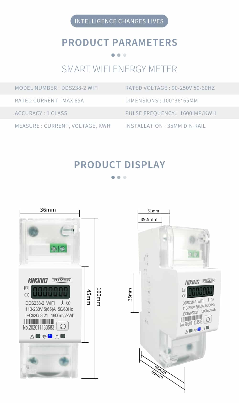 TOMZN 65A Tuya WiFi Smart Energy Meter Single Phase kWh & Power Monitoring (DDS238-2WIFI) background image