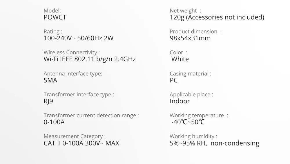 SONOFF POW Ring (POWCT) Smart WiFi Energy Meter (technical specifications image)