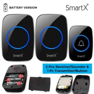 SmartX Battery Powered Wireless Calling Bell / Doorbell 300M Long Range (Open Area) 2 Receivers + 1 Button Package