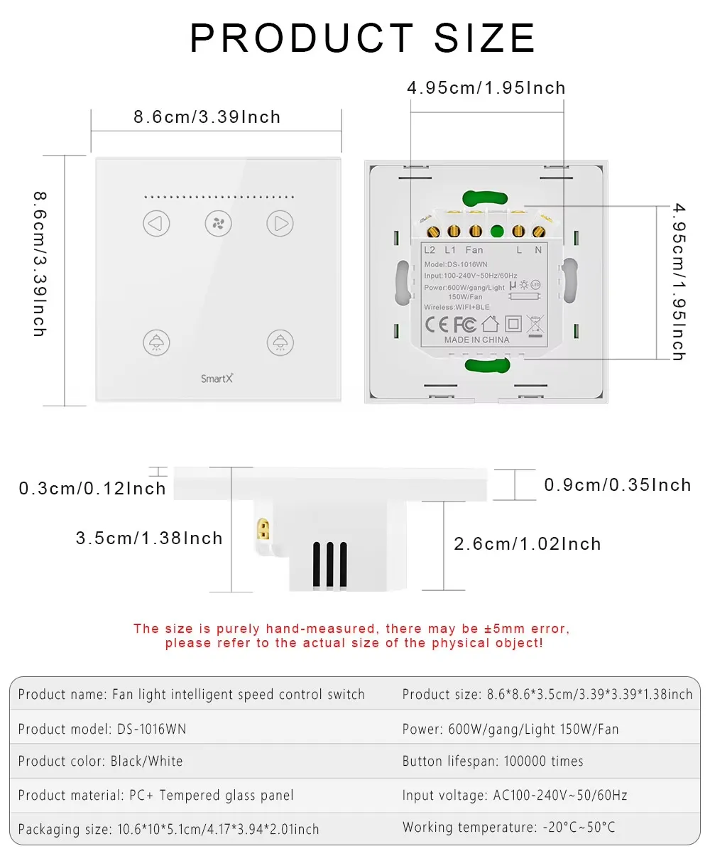 Tuya WiFi Smart 1 Fan & 2 Light Switch (specifications)