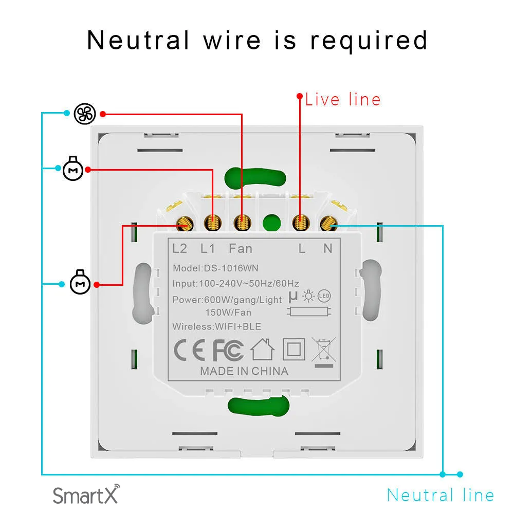 Tuya WiFi Smart 1 Fan & 2 Light Switch (wiring connection)
