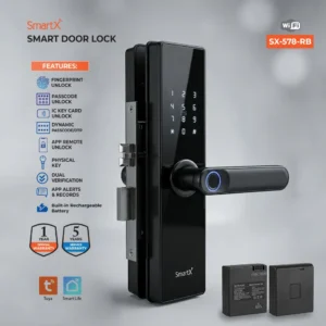 SmartX WiFi Fingerprint Door Lock with Rechargeable Battery – Tuya / Smart Life App, 6 Unlock Options (SX-578-RB)